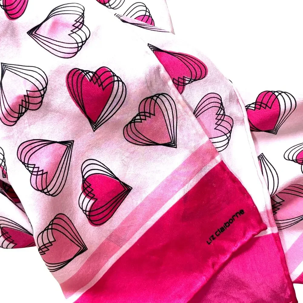 Vintage Liz Claiborne logo silk scarf shades of pink mod hearts long rectangle